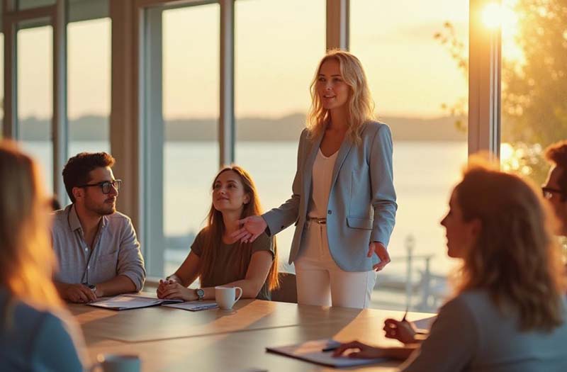 Incontro serale in un ambiente elegante: i comproprietari discutono insieme le decisioni per la gestione della proprietà comune – un momento chiave nella vita della STWEG.