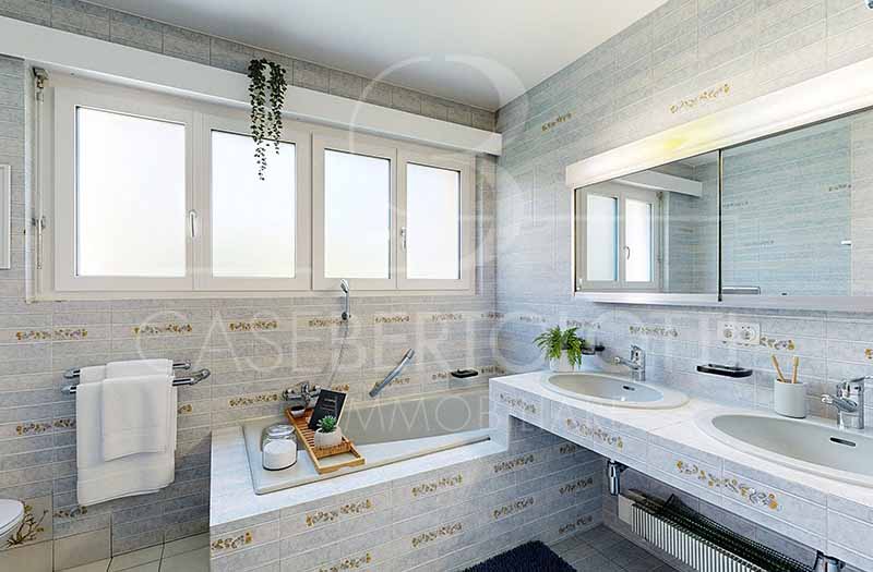 Helles Badezimmer mit Doppelwaschtisch und Badewanne