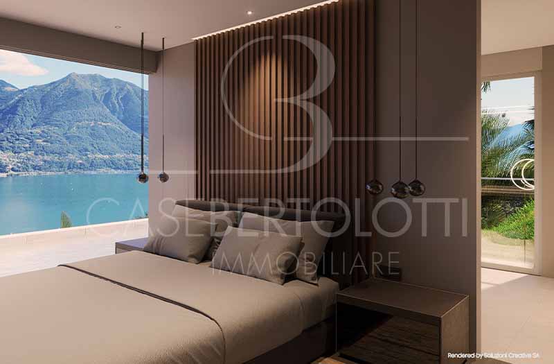 Modernes Schlafzimmer mit Panoramablick auf den See